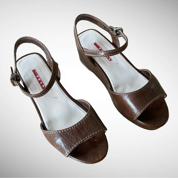 PRADA BROWN WEDGE SANDALS SIZE 37 - Picture 8 of 16